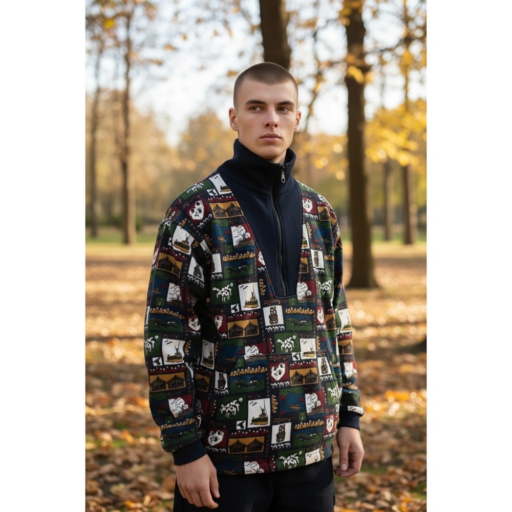 Bonz New Zealand Mens Quarter Zip Sweatshirt All Over Print Graphic Navy Small